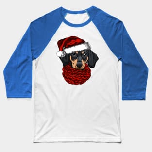 Dachshund dog for a Christmas card. Dachshund with a red knitted warm scarf and a santa hat. Merry Christmas in the year of the dog. New Year's Eve Baseball T-Shirt